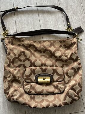 Coach Brown/Tan Signature Shoulder Bag with Front Pocket